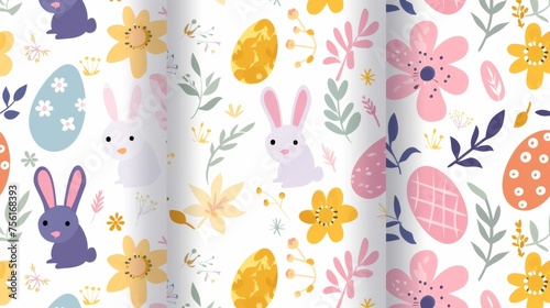 Set of seamless Easter patterns with rabbit and flowers on white. Spring season repeat pattern for fabric patterns, wallpaper, covers, packaging, kids, adverts.