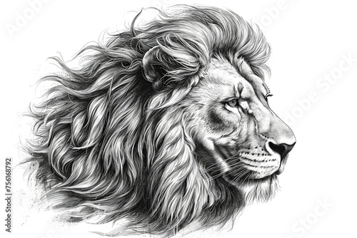 Big Lion profile head in engraving style on white. Safari african animal face pencil sketch. Wild cat tattoo