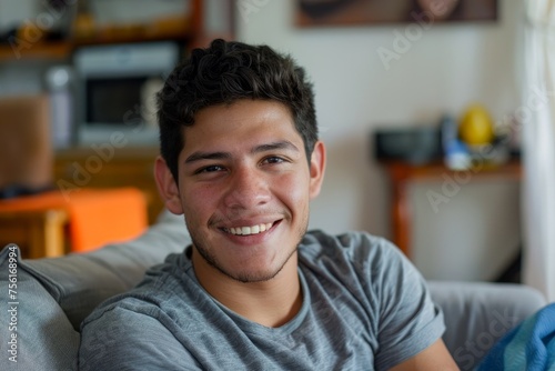 Close-up portrait of young smiling hispanic man smiling and looking at camera while sitting on sofa in living room, Generative AI