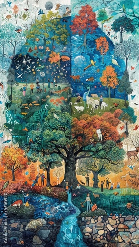This detailed puzzle artwork beautifully showcases the four seasons with diverse flora, fauna, and human activities.