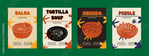 Mexican food set vector illustration. Engraved salsa, tortilla soup, menudo, pozole, bundle of traditional dishes, homemade and restaurant dinner dishes and sauces cooking in cuisine of Mexico photo