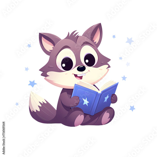 Cartoon Raccoon Reading Under Starry Sky