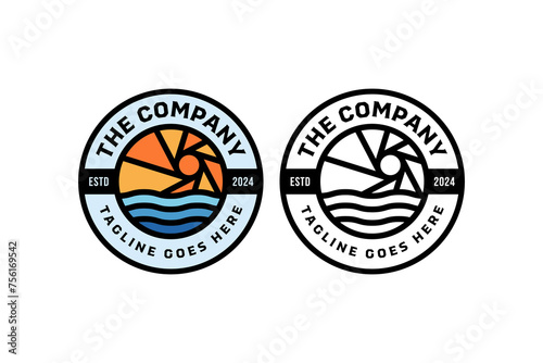 camera sunlight with sea wave badge emblem logo design for hobby adventure sport business