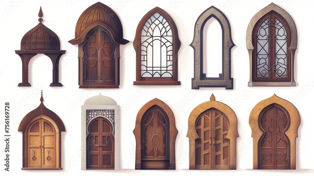 An illustration of Ramadan shape windows set on a white background. Modern realistic illustration of a traditional islamic mosque/palace design element, brown wooden door or gate, typical