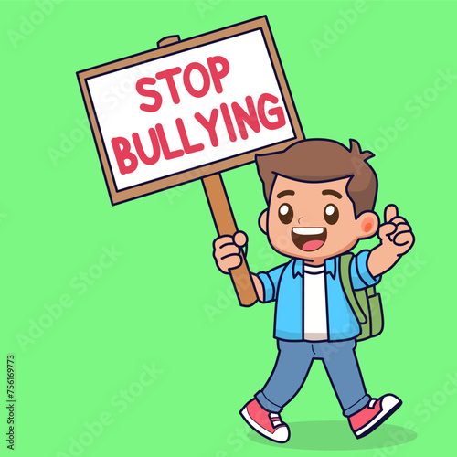 boy holding sheet with word stop bullying vector concept illustration