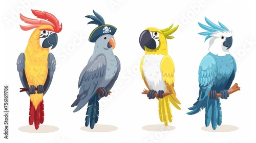 Set of color birds isolated on a white background. Cartoon illustration of exotic cockatoos  comic feathered mascots in pirate hats  gray dove and yellow canary  tropical landscapes.