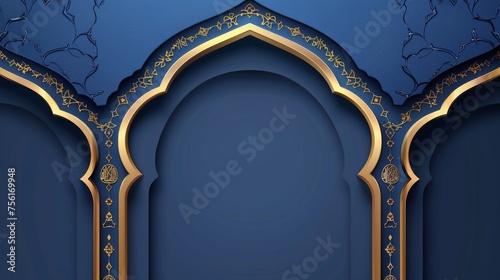 An arabic frame with a rectangular window for text and a header. A realistic modern illustration of a blue arch border with golden decoration. A simple text box and banner template are included.