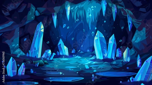 Blue crystal cave with mineral stones on walls, water puddles on ground, treasure grotto, jewelry mining dungeon, game background with modern illustration. © Mark