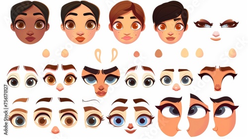 Various forms of eyes, eyebrows, nose, lips, haircut for a female character avatar. Removable head generator for animations.