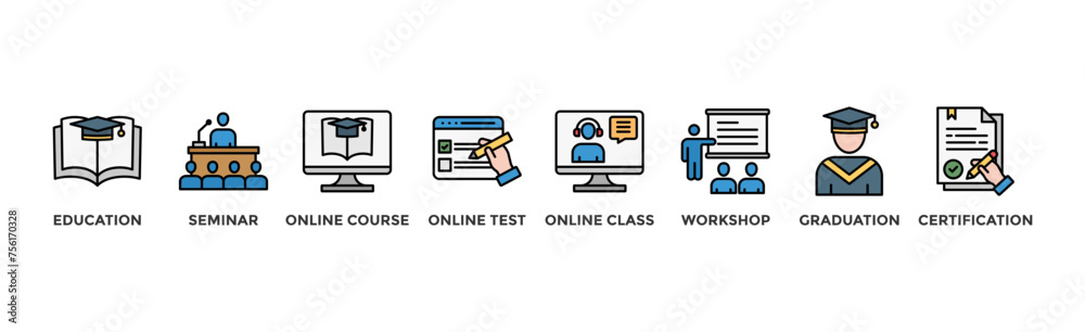 Online training banner web icon illustration concept with icon of education, seminar, online course, online test, online class, workshop, graduation, certification	