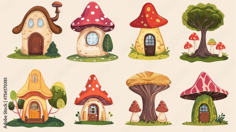 The cute funny imaginary forest habitat house is made from mushrooms and tree stumps and has windows, doors, and a roof. Modern illustration of sweet fairy gnome home.