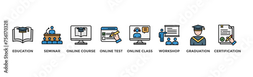 Online training banner web icon illustration concept with icon of education, seminar, online course, online test, online class, workshop, graduation, certification	