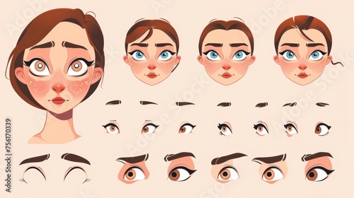 Construction kit for female faces with eyes, eyebrows, noses, lips, hairstyles for animation. Modern illustration set of girl avatars. Create your own art.