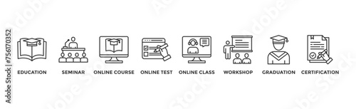 Online training banner web icon illustration concept with icon of education, seminar, online course, online test, online class, workshop, graduation, certification	