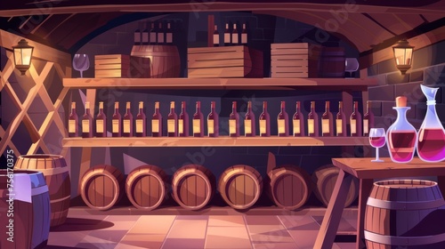 The interior of a wine cellar for storing and sampling grape drinks. Cartoon basement room with glass bottles in racks, wooden barrels on shelves, bottles in boxes, jugs, hair, and glasses with