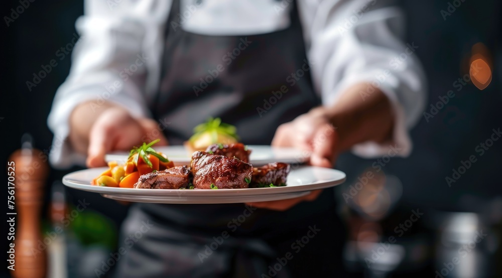 Waiter carrying plates with meat dish on some festive event, party or wedding reception restaurant.