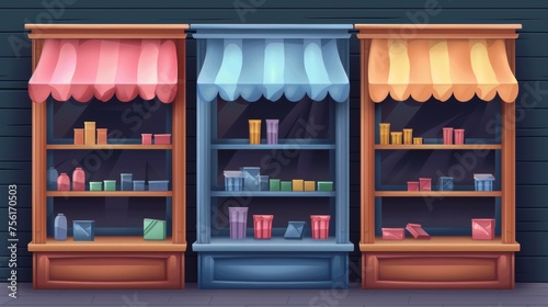 A set of empty wooden shelves decorated with a color striped canopy as well as design elements for a mobile app and a videogame level store are illustrated realistically on a color background.