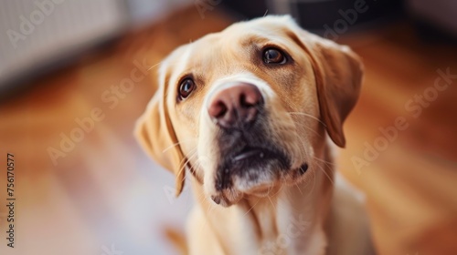 Front view of dog sitting in home looking at camera.