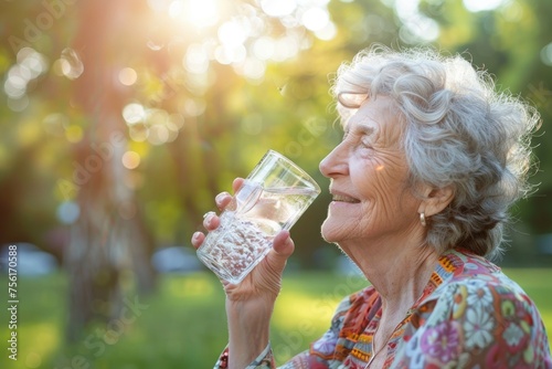 Old elderly woman enjoying a glass of water to hydrate herself with fresh air of a park on summer