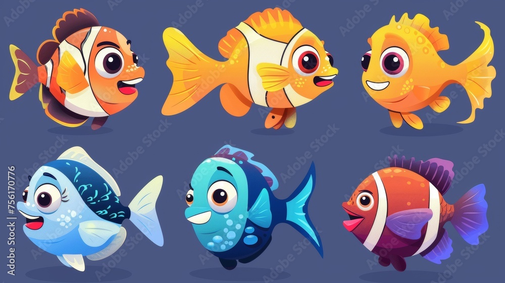 Funny cartoon fish with fins and lips. Modern illustration set of funny sea and ocean animals. Aquarium and marine life habitats. Funny cartoon fish with fins and lips. Modern illustration set of funny sea and ocean animals. Aquarium and marine life habitats.