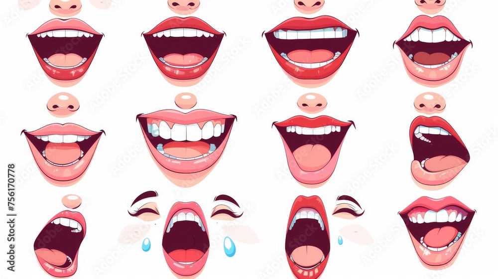 Isolated modern cartoon illustration of female teen character lip sync and expressions collection. Isolated modern cartoon illustration of female teen character lip sync and expressions collection.