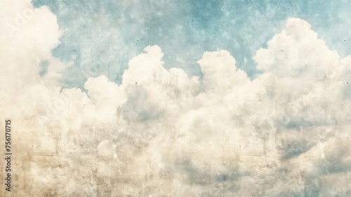 White clouds on a light blue background. The sky is filled with an airy and fluffy cloud. Grunge texture, aged background