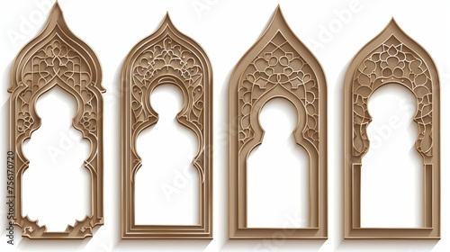 Arab frame for Islam holiday design. Set of realistic modern illustration with brown arch windows and empty space for text. Islamic shape decoration.
