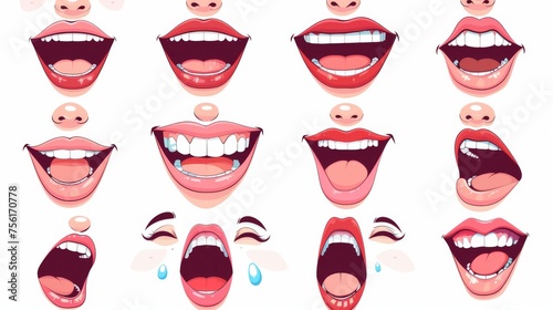 Isolated modern cartoon illustration of female teen character lip sync and expressions collection. photo