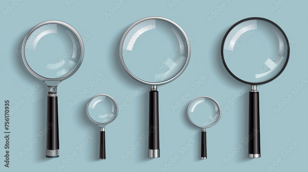This realistic modern set of metal loupe with plastic handle and transparent enlarger lens can be used to magnify and zoom glass in various view angles. This realistic modern set of metal loupe with plastic handle and transparent enlarger lens can be used to magnify and zoom glass in various view angles.