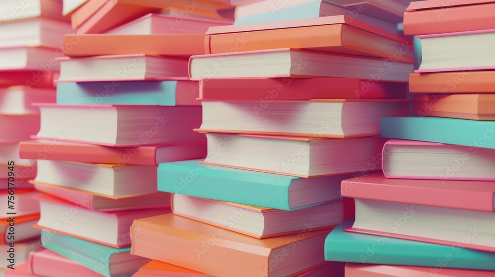An illustration of a stack of paper books. This realistic 3D modern illustration shows textbooks with colorful hardcovers and white pages for a school education concept and a reading concept. An illustration of a stack of paper books. This realistic 3D modern illustration shows textbooks with colorful hardcovers and white pages for a school education concept and a reading concept.