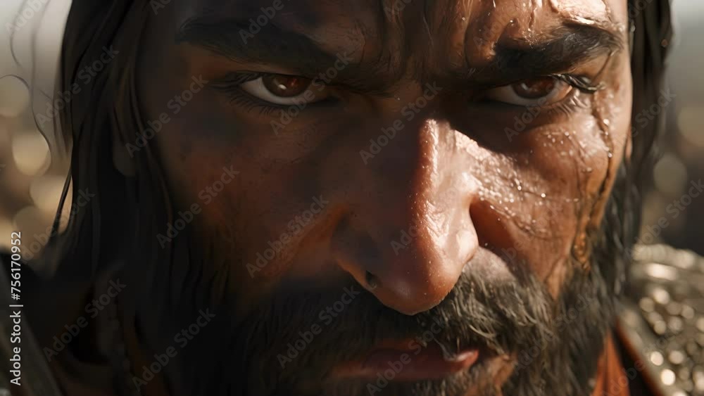 A closeup of a Persian Immortals face reveals determination etched in every line. His eyes blaze with fierce loyalty to the empire. A closeup of a Persian Immortals face reveals determination etched in every line. His eyes blaze with fierce loyalty to the empire.