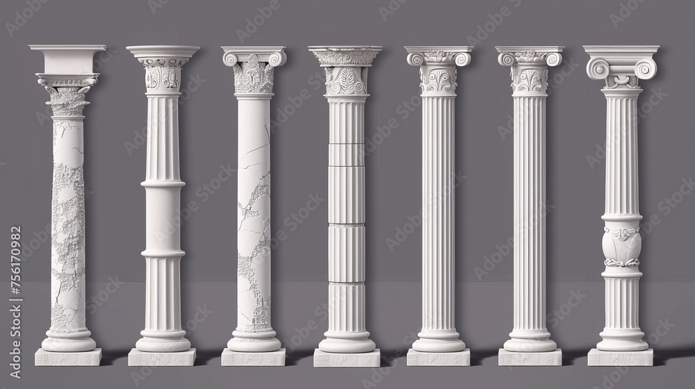 White clay column from the Roman Empire. Colonnade of antique marble pillars on a Greek temple facade.