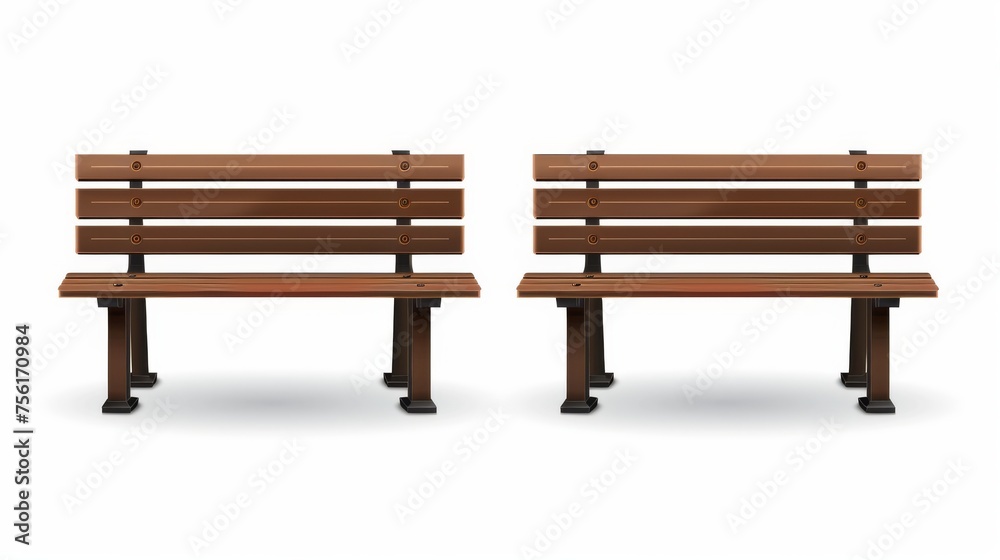 Bench made of wood planks, which can be used for garden or street furniture. Light brown outdoor furniture for a park or backyard. Modern illustration set depicting a front view on the wooden seat. Bench made of wood planks, which can be used for garden or street furniture. Light brown outdoor furniture for a park or backyard. Modern illustration set depicting a front view on the wooden seat.