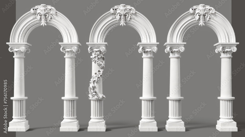 Detailed 3D modern illustration set of greek stone pillars for temple building doors or windows. Vintage classic architecture archway.