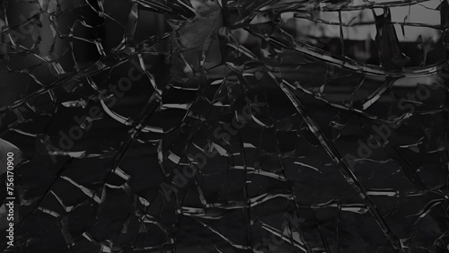 Broken glass on black background, Broken glass texture, broken window glass with a hole from gun shot. Street violence. Broken windows theory. Visible signs of crime, glass crack damage texture art