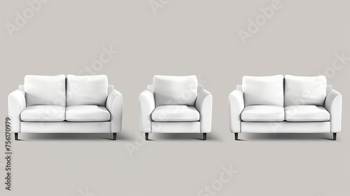 A realistic modern illustration set of white sofa 3D with fabric surface for lounge or waiting zone design. A living room interior furniture set.