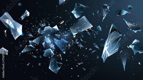 A realistic modern illustration of a crashed, beaten, and flying shard of ice scattered across a broken and exploded glass surface, accompanied by sharp pieces of blue crystal or mirror. photo