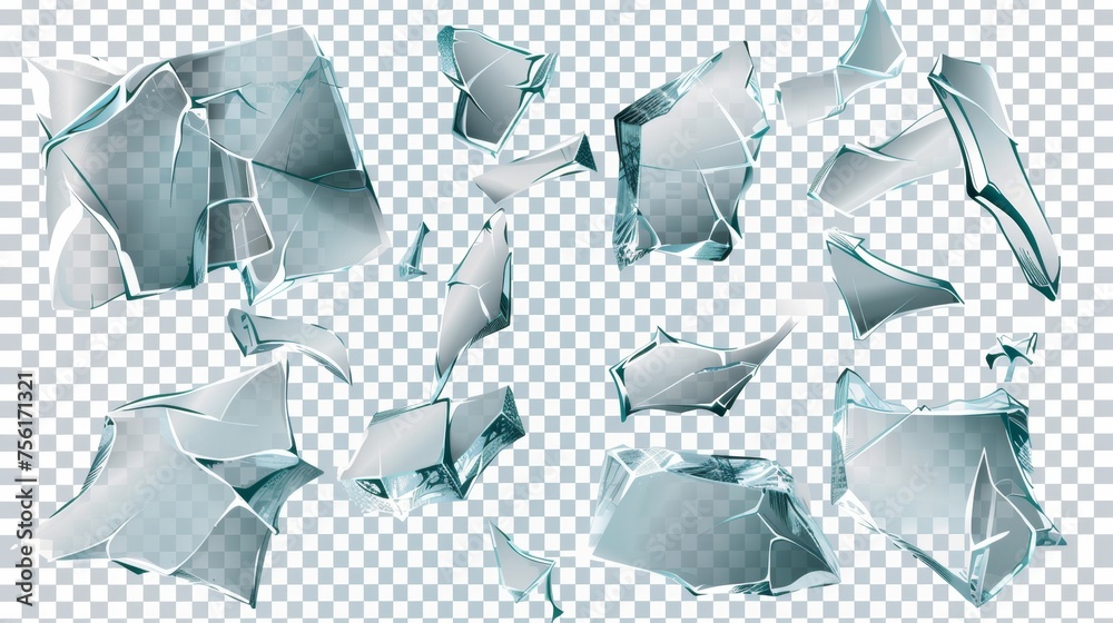 Set of broken glass or ice pieces on transparent background. Modern realistic illustration of crashed mirror shards, crystal shards, and fragments of windows of abstract form with uneven sharp edges. - obrazy, fototapety, plakaty 