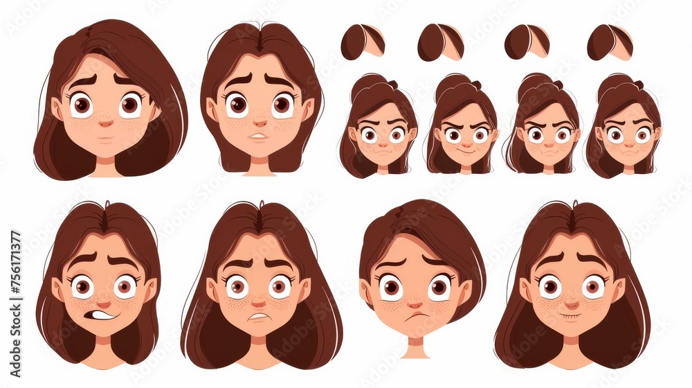 An avatar design kit for a Caucasian girl character with brown hairstyle, smile, sad expressions, eyes, eyebrows, and facial expressions. An avatar design kit for a Caucasian girl character with brown hairstyle, smile, sad expressions, eyes, eyebrows, and facial expressions.