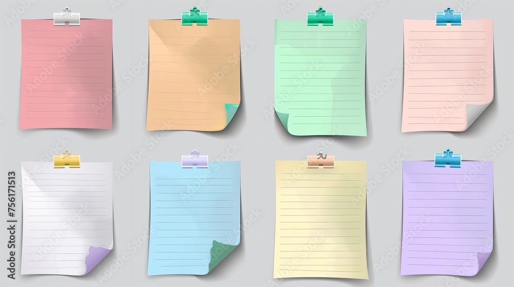 Modern realistic illustration of notes on paper attached to a board or wall with color sticky tape, a reminder message, a to-do list, a schedule.