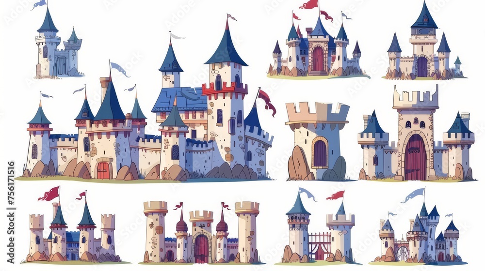 Imaginary medieval castle with towers, flags, windows and gates, stone walls. Cartoon modern illustration set of a magical palace. Collection of ancient kingdom architecture.