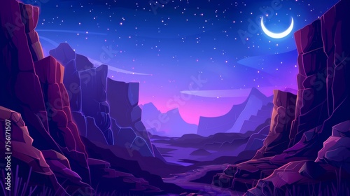 Modern night cartoon landscape with rocky cliff edges over chasm, surrounded by stone mountains, against a dark blue sky with stars and crescent moon. photo