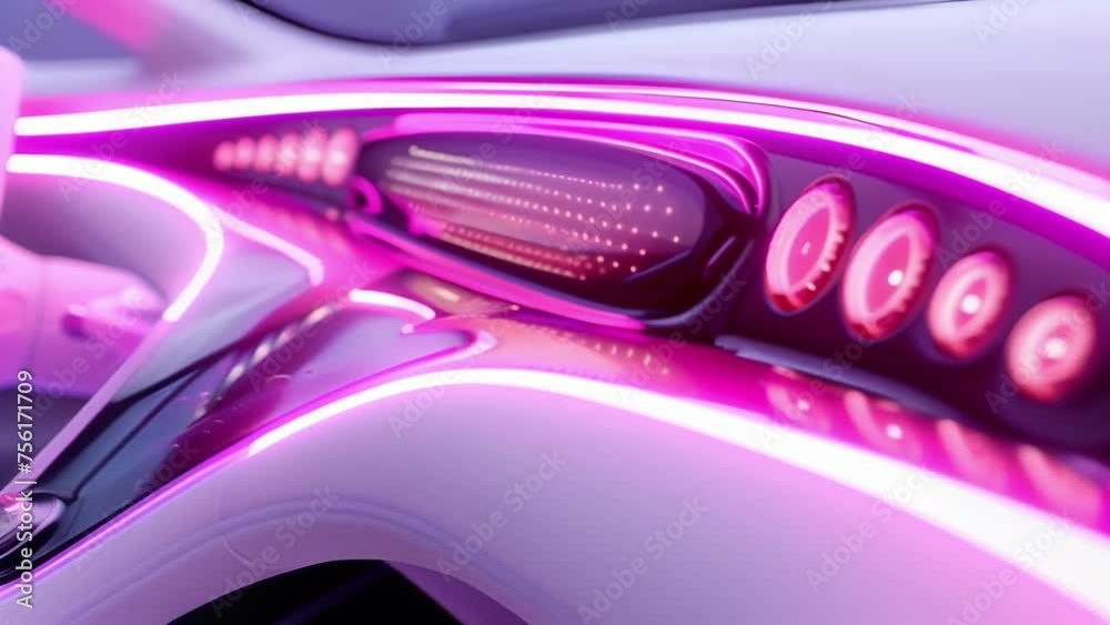 A closeup of a dashboard with a seamless and minimalistic design featuring a highgloss white finish and neon pink lights. The smooth curves and glowing neon elements create A closeup of a dashboard with a seamless and minimalistic design featuring a highgloss white finish and neon pink lights. The smooth curves and glowing neon elements create