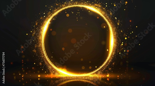 Illustration of circle frame with golden bokeh effect isolated on black background. Modern realistic illustration with round yellow border  shimmering particles  reflection on floor  magic light
