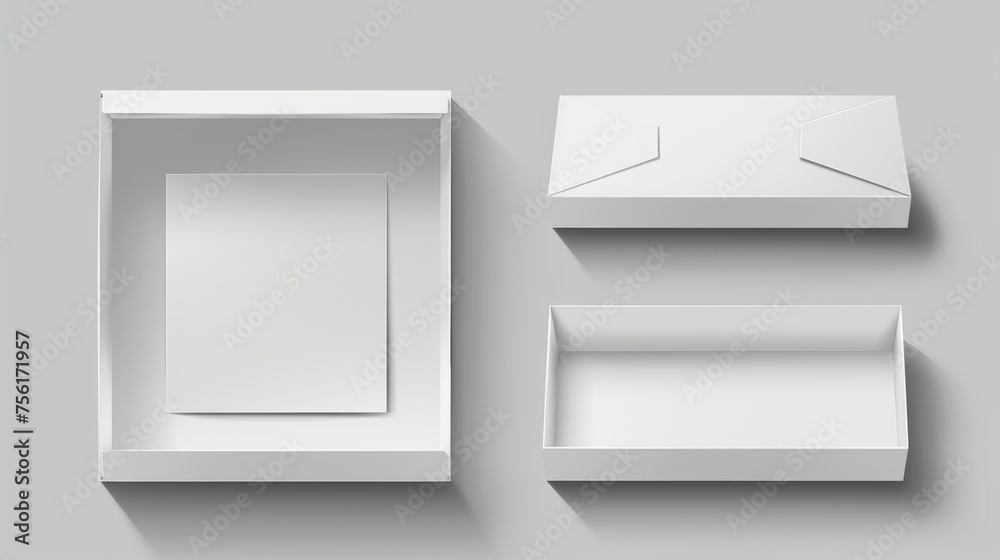 The mockup shows a white box closed and open from a top-angle perspective. It is a realistic modern illustration set showing a blank carton package for delivery or to give as a gift. A rectangle low The mockup shows a white box closed and open from a top-angle perspective. It is a realistic modern illustration set showing a blank carton package for delivery or to give as a gift. A rectangle low