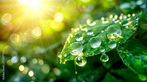 Transparent Drops of Water on a Green Leaf With Sun Glare