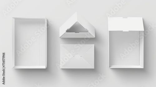 A white cardboard box mockup with lid for delivery or gift concept. Realistic modern illustration set of blank boxes in various angles.