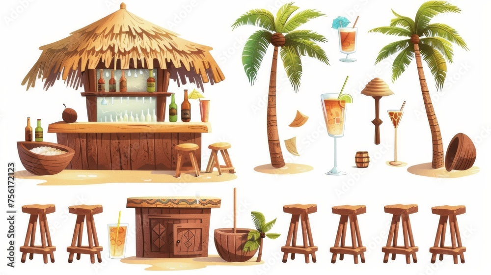 A tropical tiki cafe on a sand island in Hawaii with a straw roof