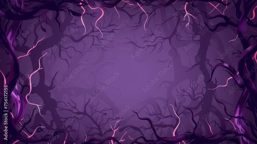 Dry liana vines with glow and twisted branches in form of square and rectangle frames for game UI design. Cartoon modern illustration set of scary creepy magic jungle purple borders. - obrazy, fototapety, plakaty 