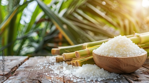 Sugar with fresh sugar cane on a wooden table with a sugar cane plantation farming background.